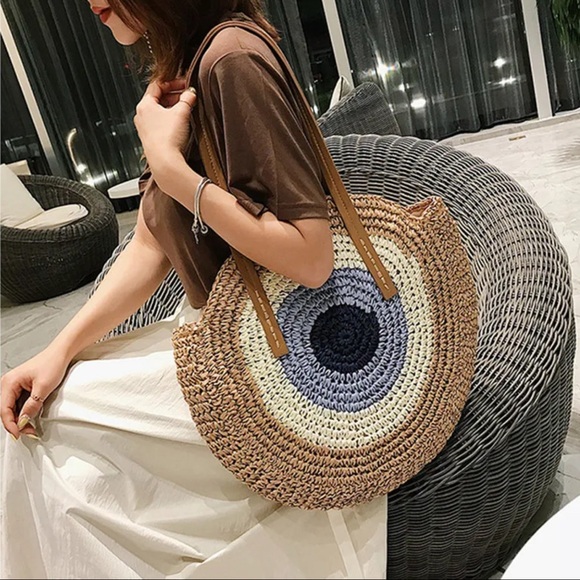 Handmade Women Evil Eye Khaki Large Capacity Round Summer Straw Shoulder Bag - Picture 2 of 3